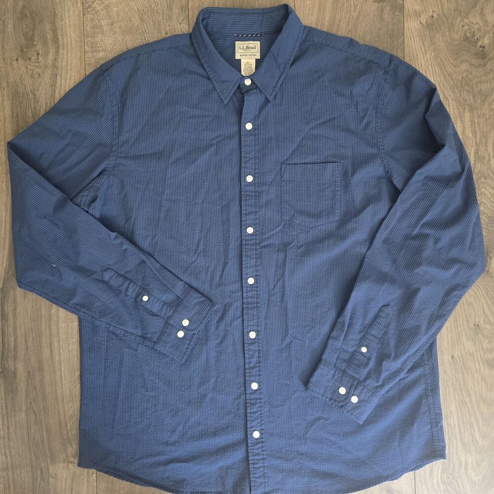 L.L. Bean Mens XL Tall Seersucker Shirt Blue Striped Stretch Button Front 527938